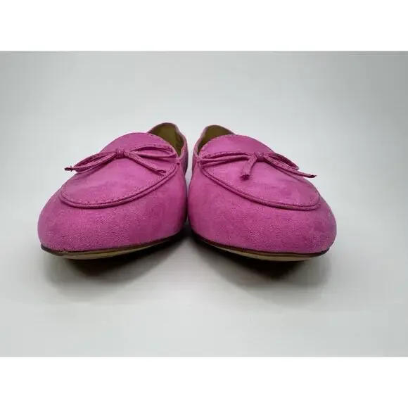 J Crew Ballet Flat Shoes Womens 9.5 Pink Bow Loafers Slip On Vegan Suede Preppy - Picture 5 of 13